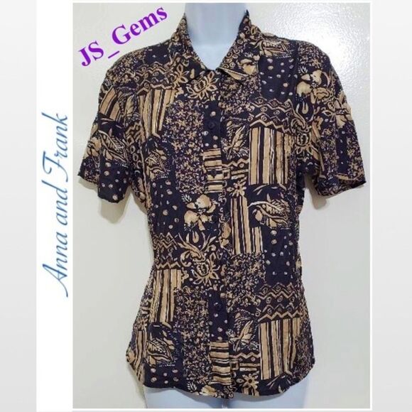Vintage Casual Button Down Silk Blue & Tan Top - Picture 1 of 10